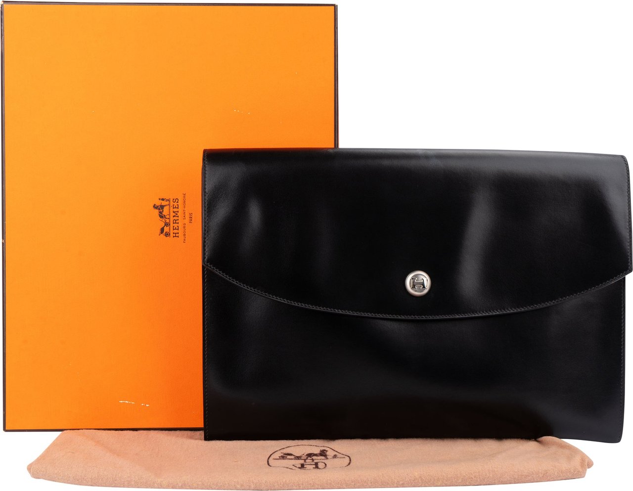 Hermès Noir Box Calfskin Rio Piano Clutch Zwart