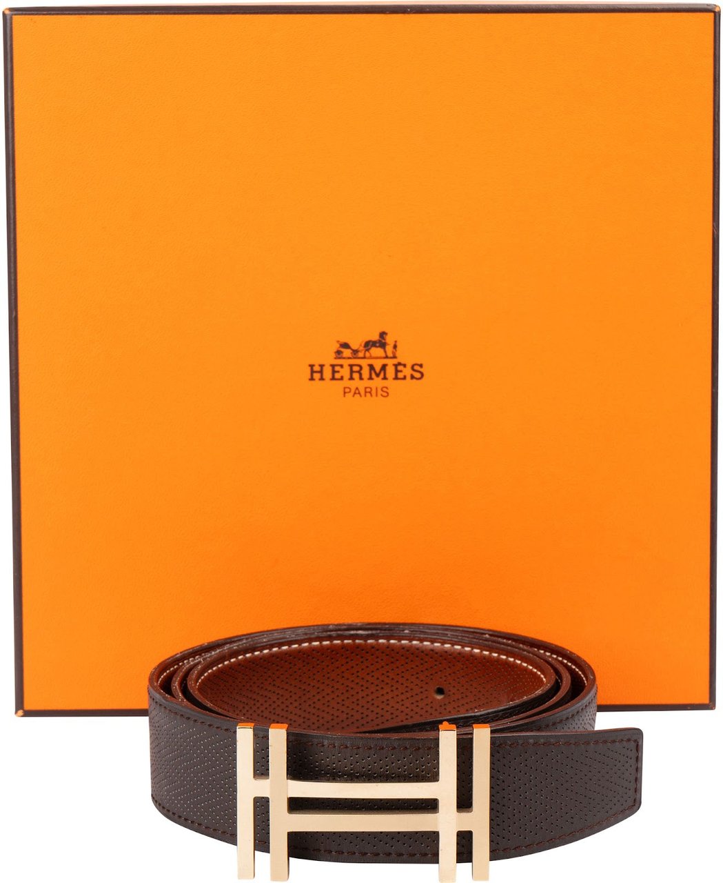 Hermès Brown Leather Perforated H Reversible Belt Bruin