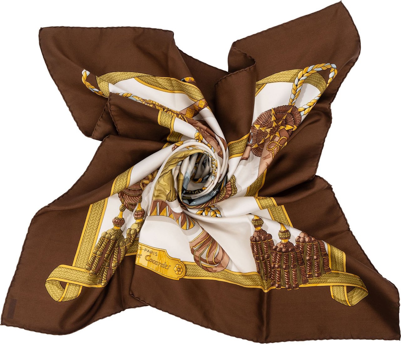Hermès Frontaux et Cocardes Silk 90 Scarf Tuch Bruin
