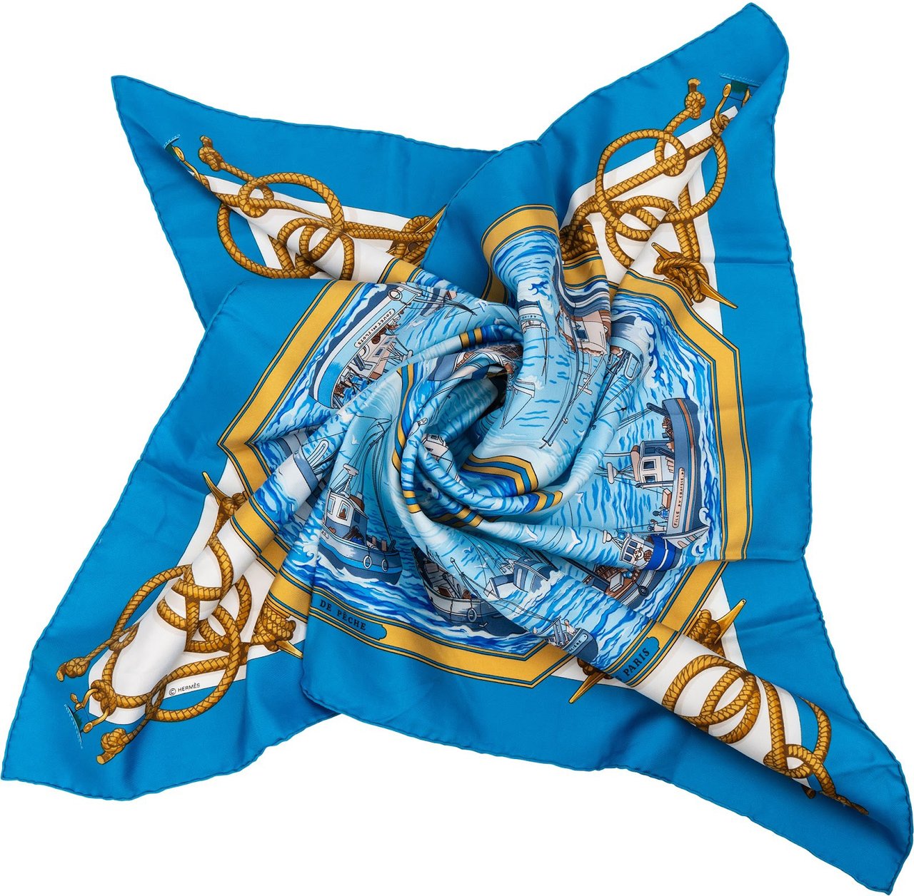 Hermès Retour de Peche Silk 90 Scarf Tuch Blauw