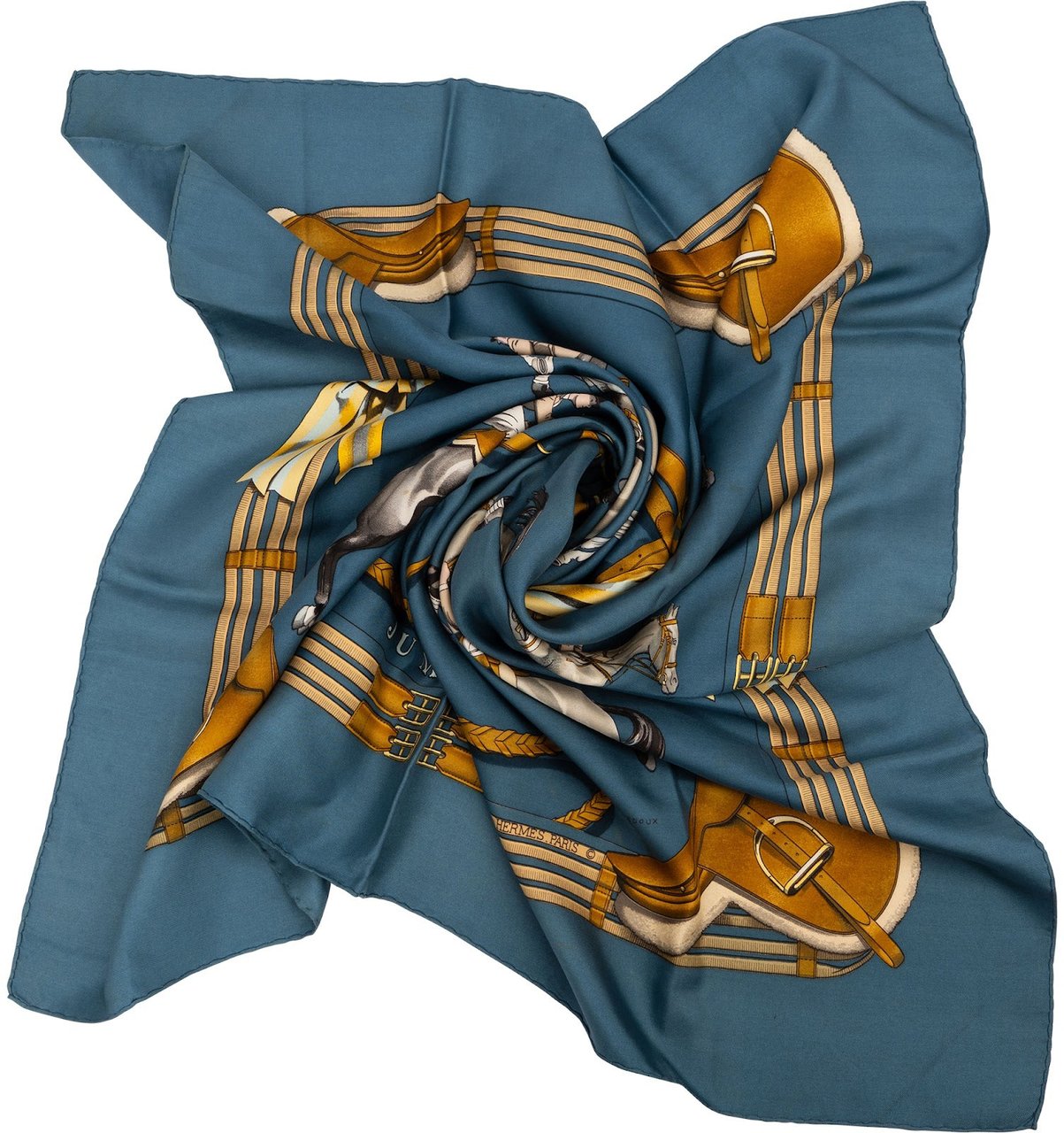 Hermès Jumping Horses Silk Carre 90 Scarf Tuch Blauw