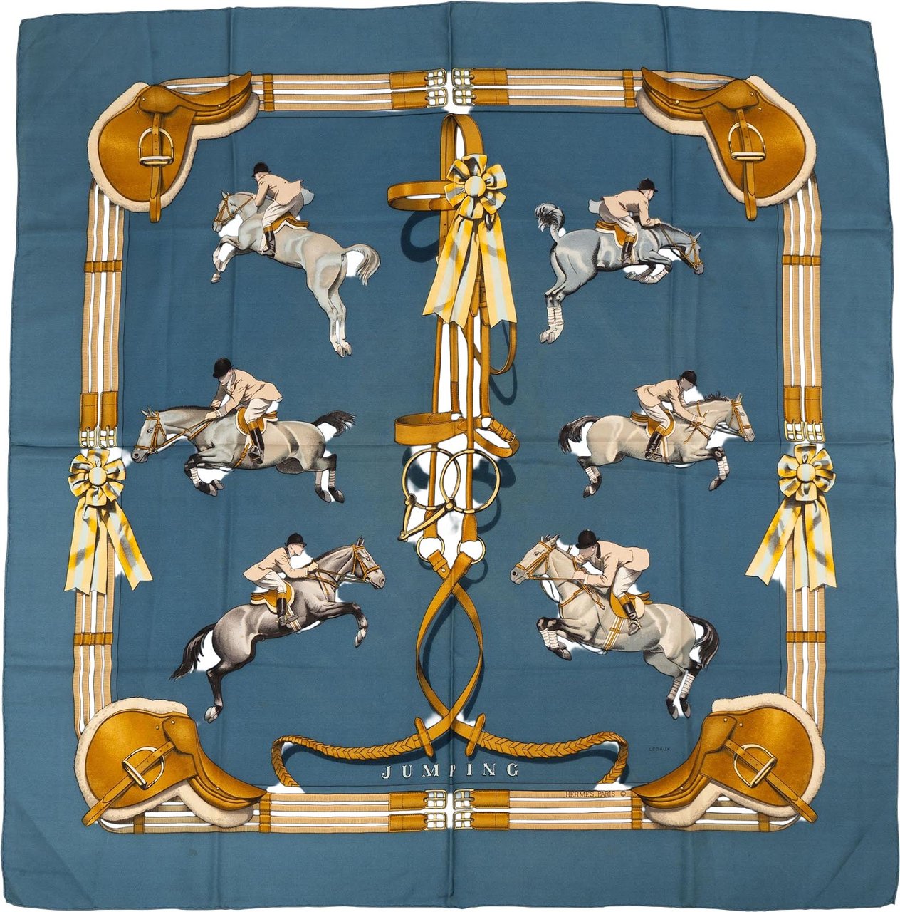 Hermès Jumping Horses Silk Carre 90 Scarf Tuch Blauw