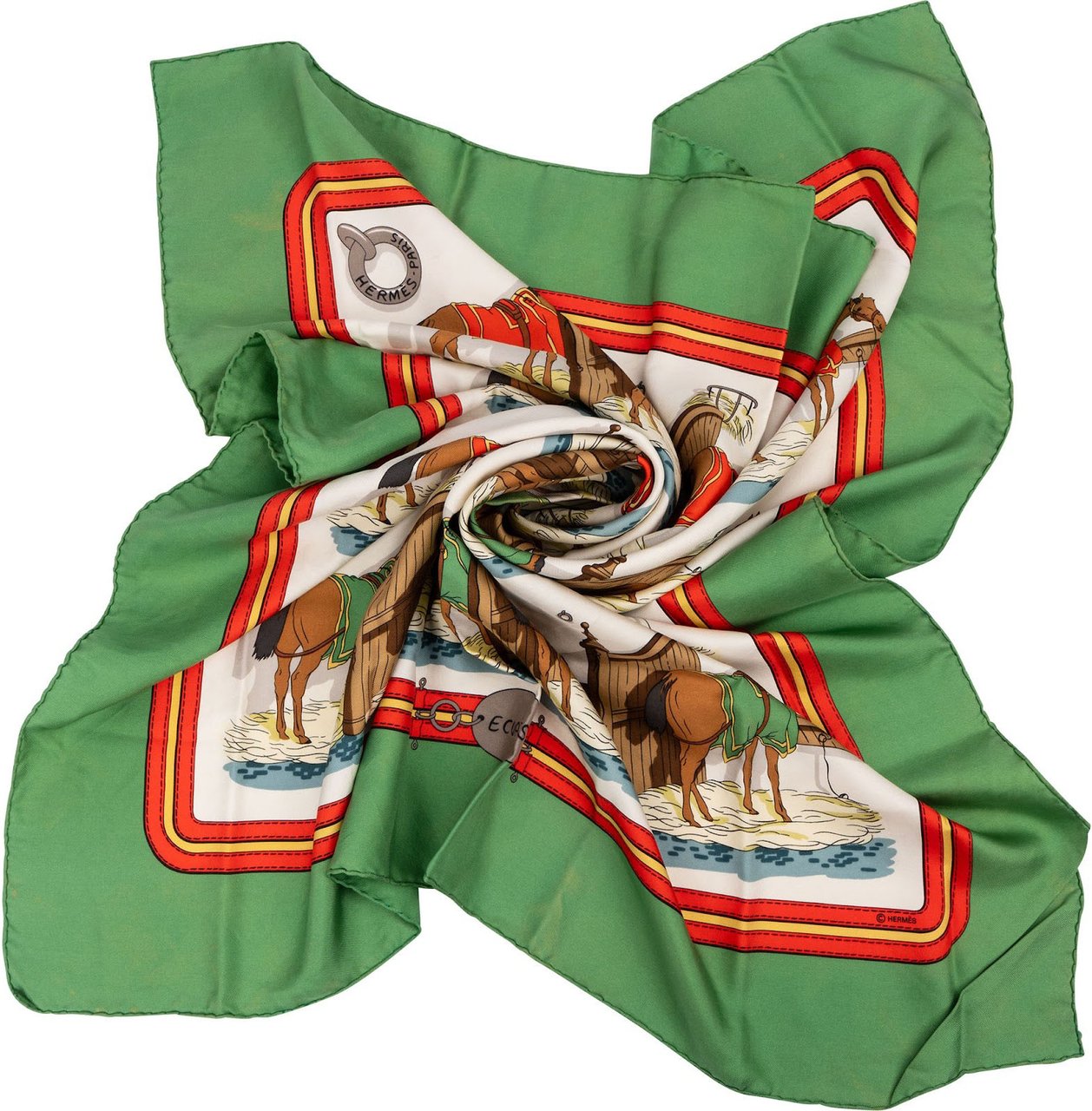 Hermès Ecuries Silk Carre 90 Scarf Tuch Groen