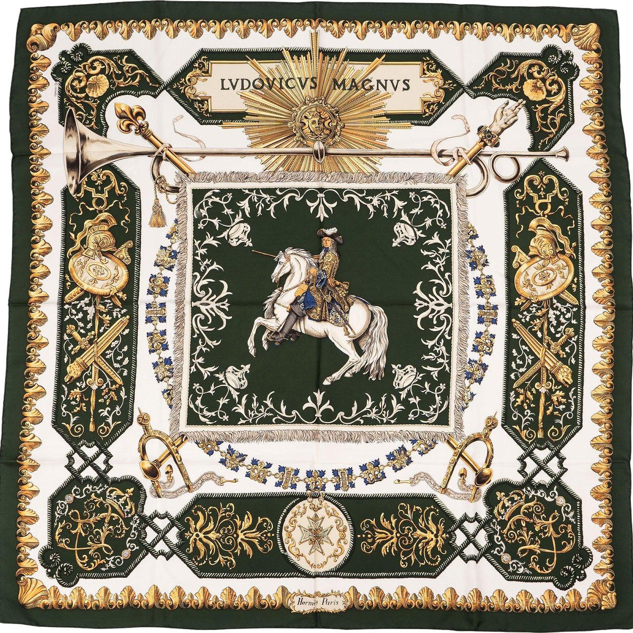 Hermès Ludovicus Magnus Silk Carre 90 Scarf Tuch Groen