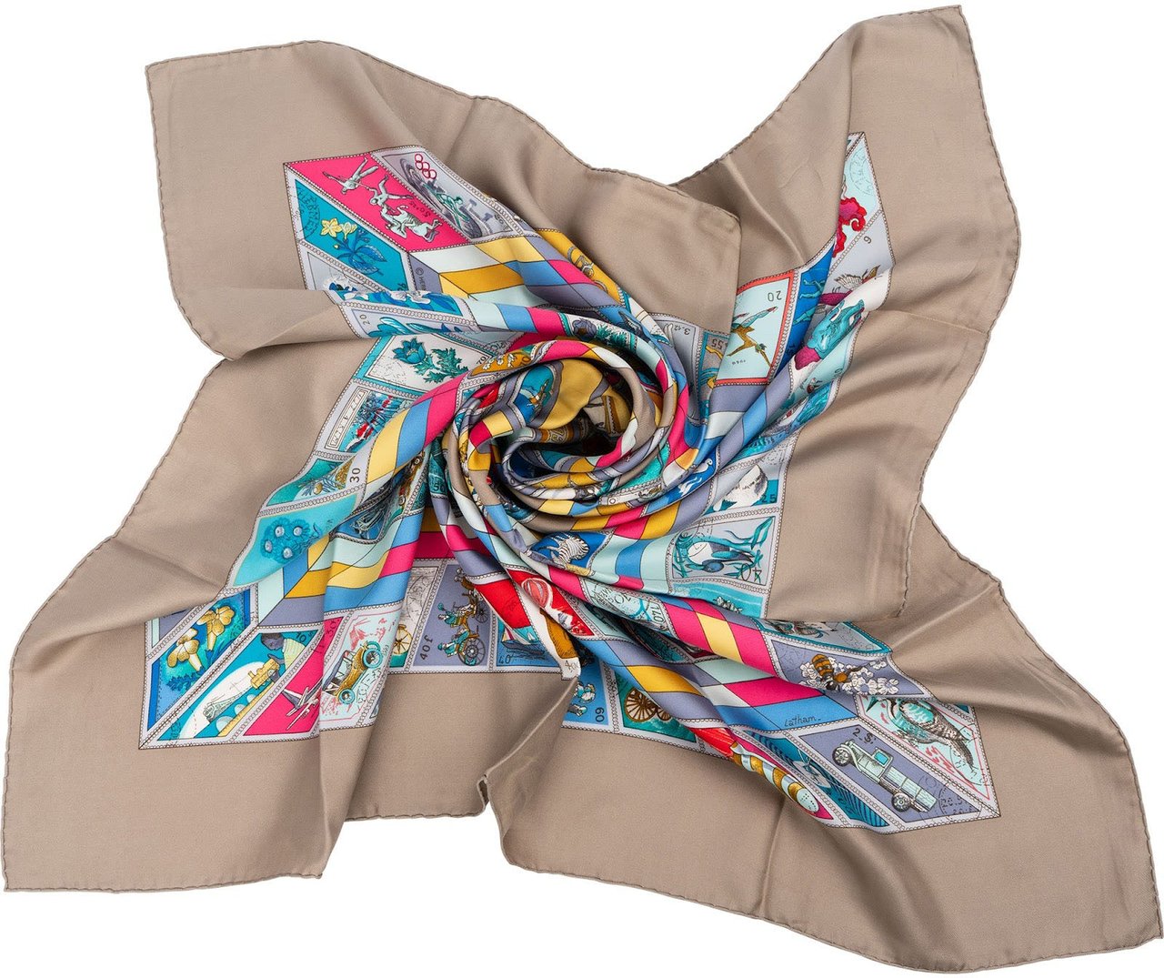 Hermès Correspondance Silk 90 Scarf Tuch Beige