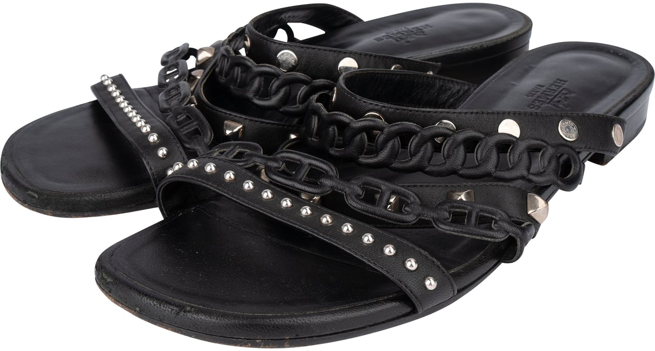 Hermès Hermès Black Leather Sandals (38,5) Zwart