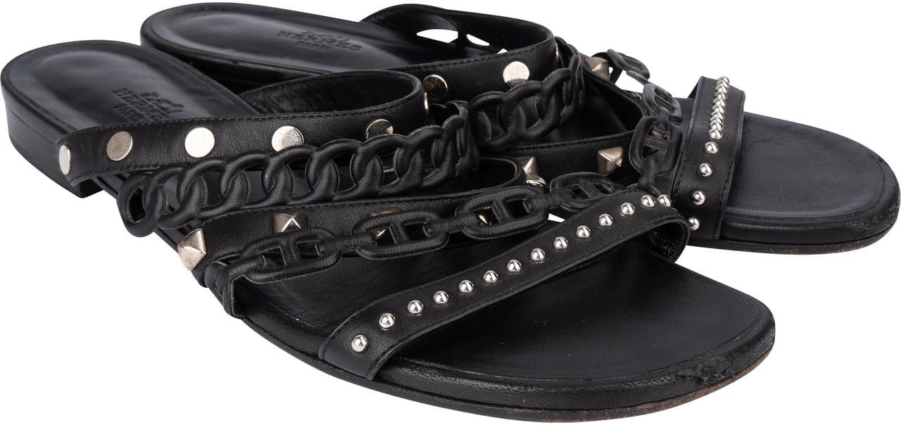 Hermès Hermès Black Leather Sandals (38,5) Zwart