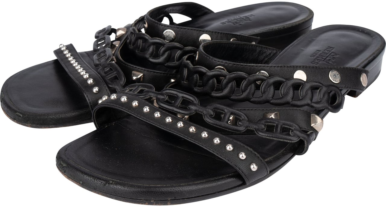Hermès Black Leather Sandals (38,5) Zwart