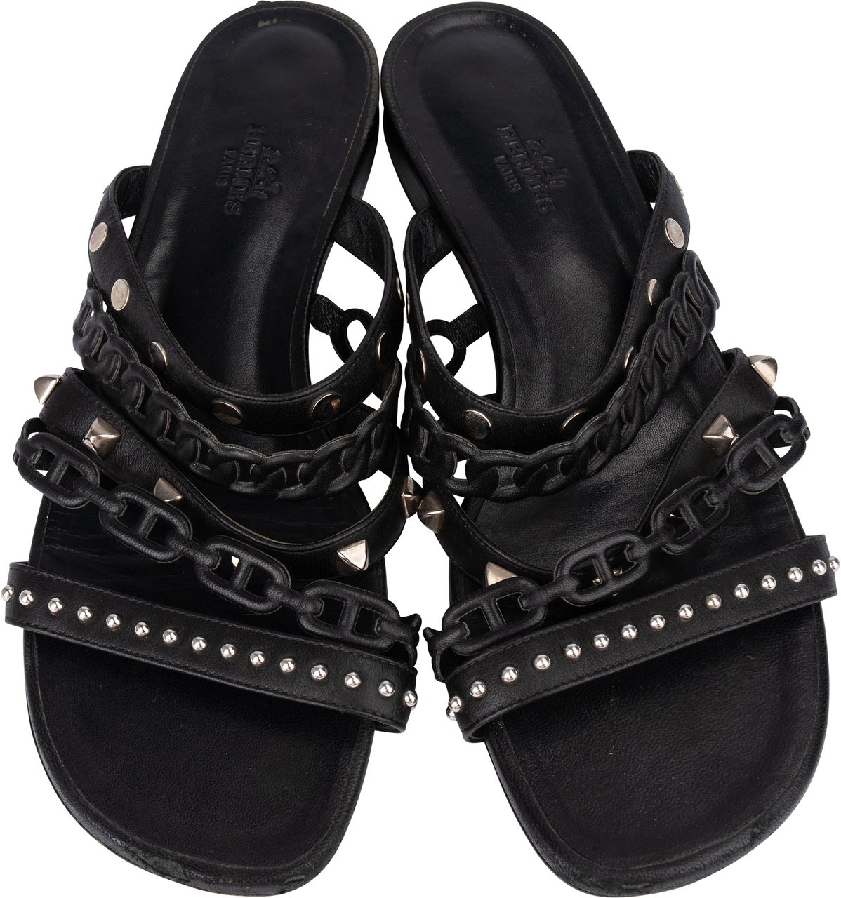 Hermès Hermès Black Leather Sandals (38,5) Zwart
