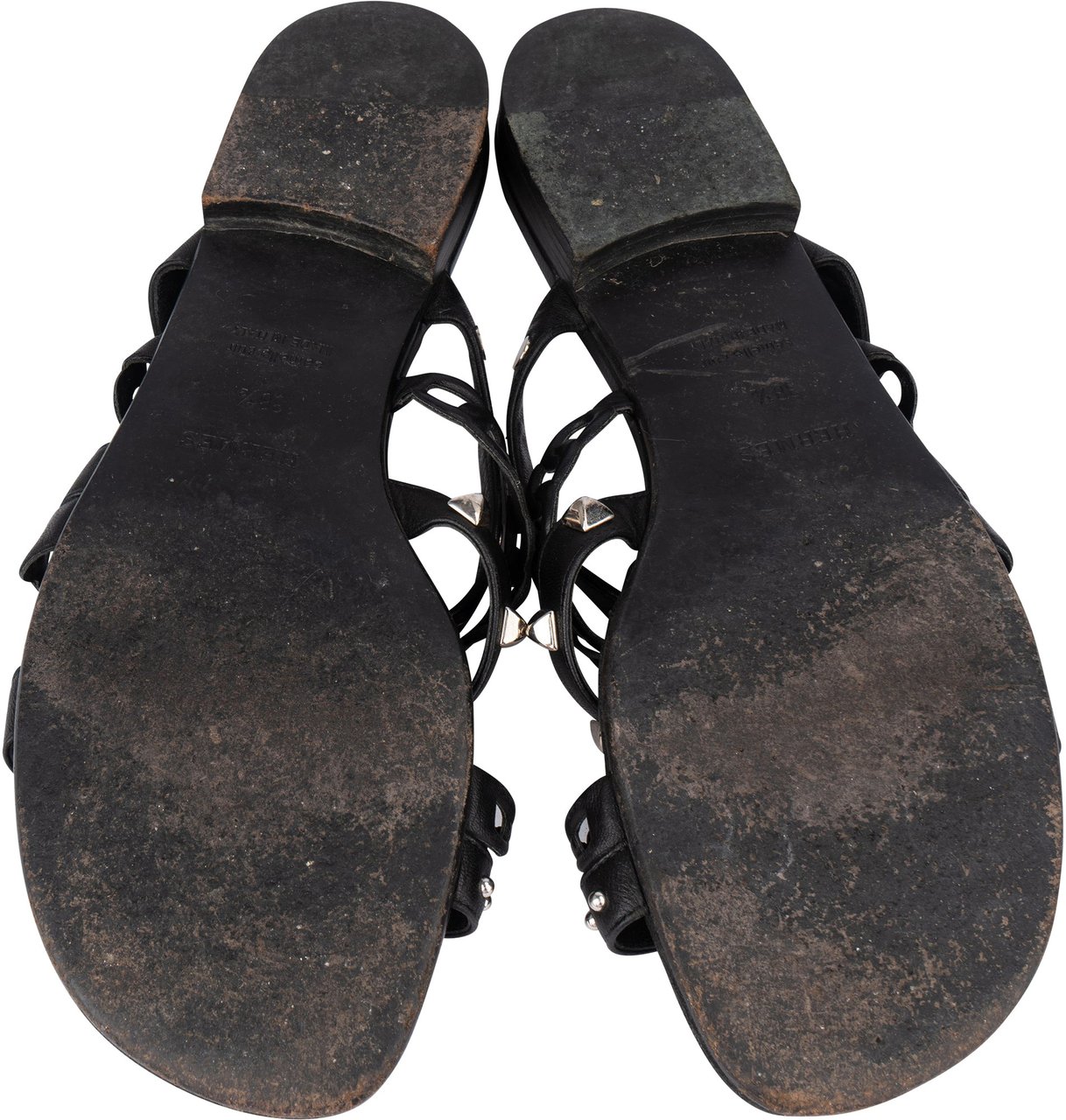 Hermès Hermès Black Leather Sandals (38,5) Zwart