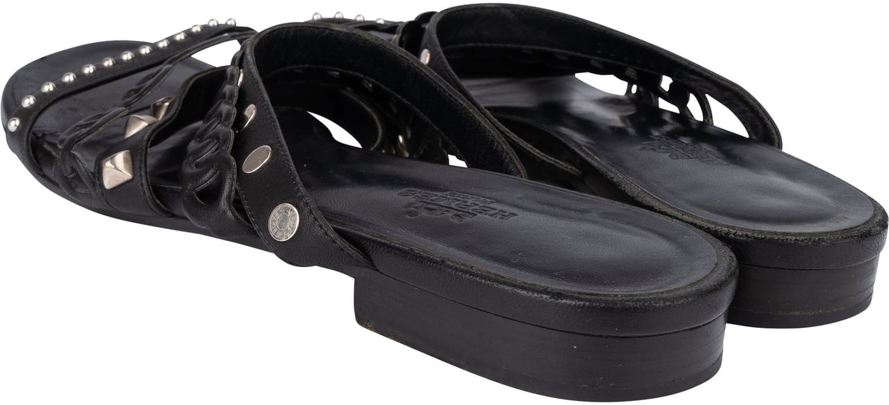 Hermès Black Leather Sandals (38,5) Zwart