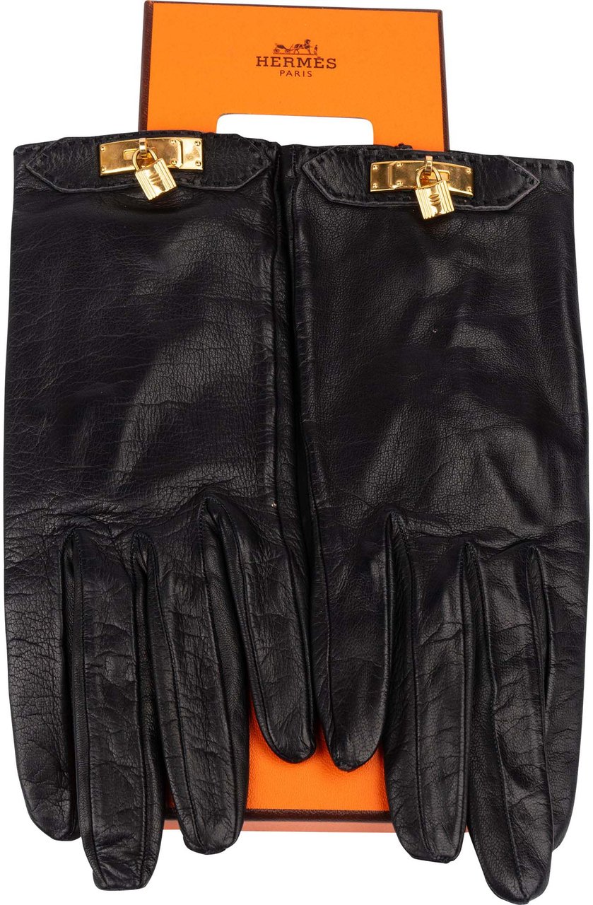 Hermès Hermès Noir Leather Kelly Gloves Zwart