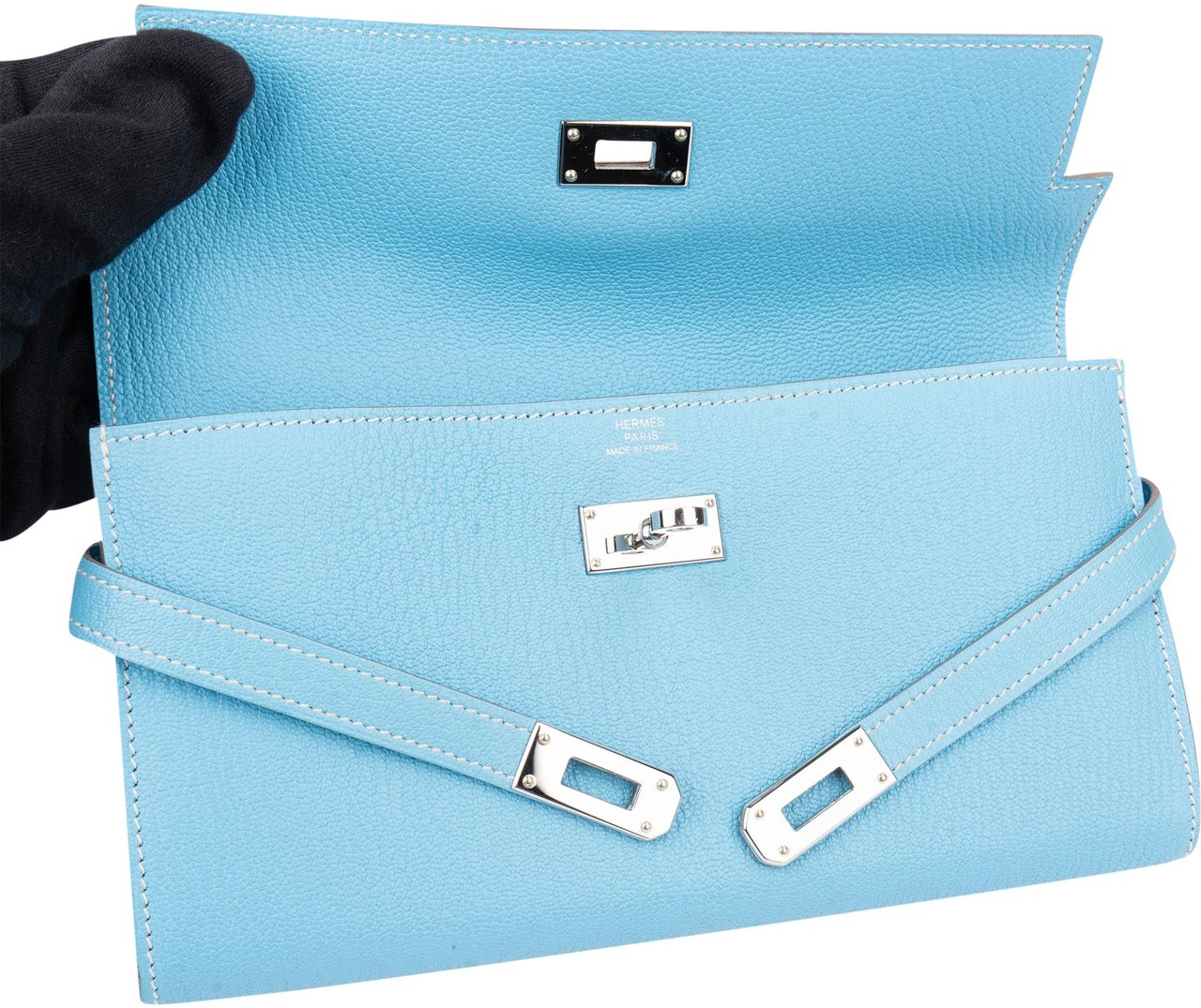 Hermès Hermès Bleu Leather Palladium Kelly Wallet Blauw