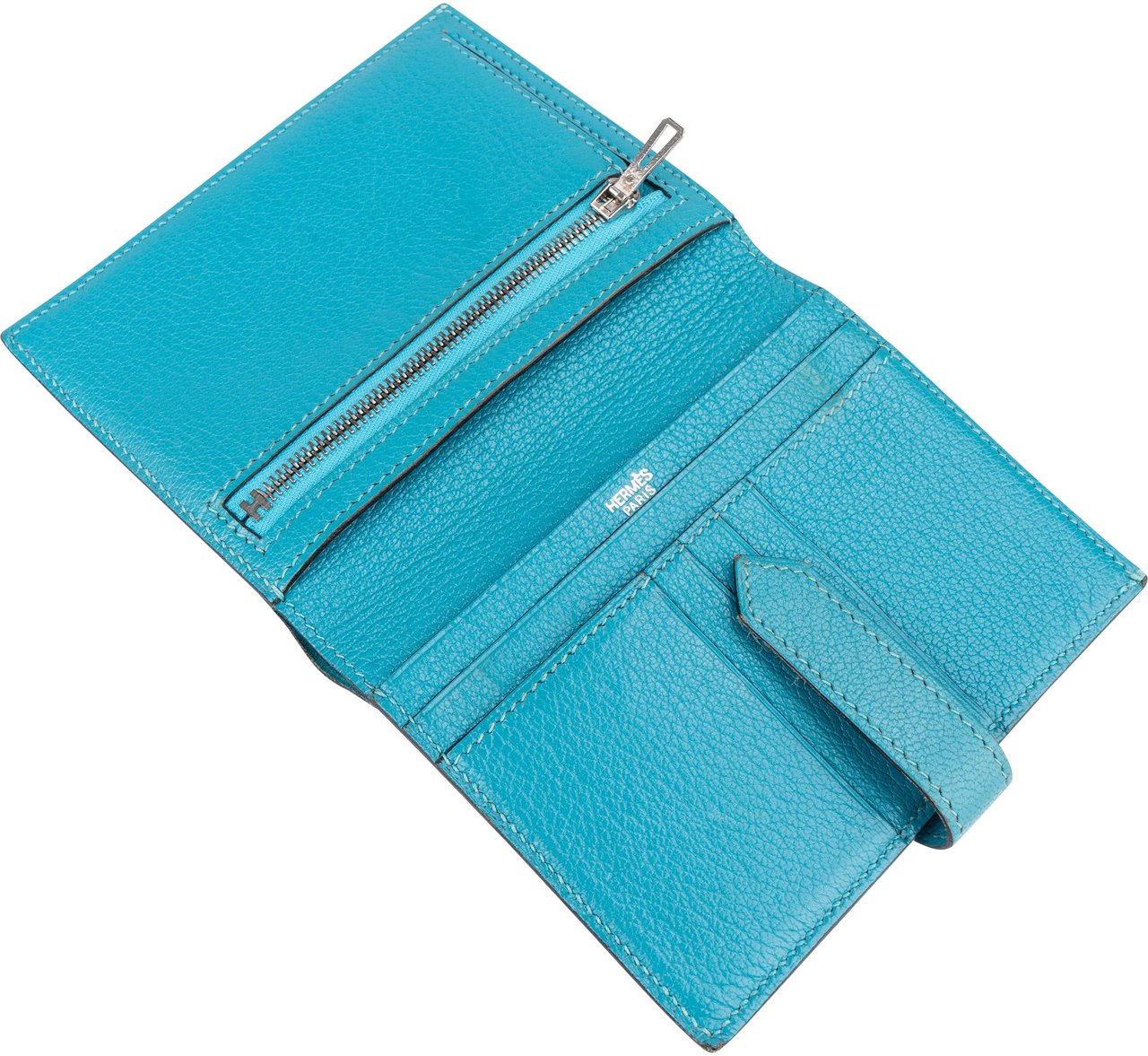 Hermès Hermès Blue Leather Bearn Soufflet Compact Bifold Wallet Blauw