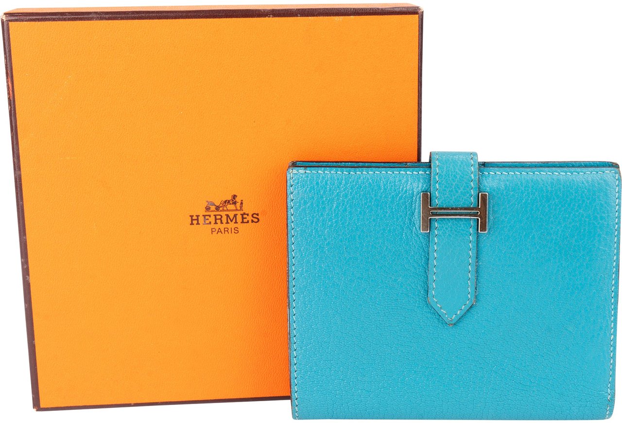 Hermès Hermès Blue Leather Bearn Soufflet Compact Bifold Wallet Blauw