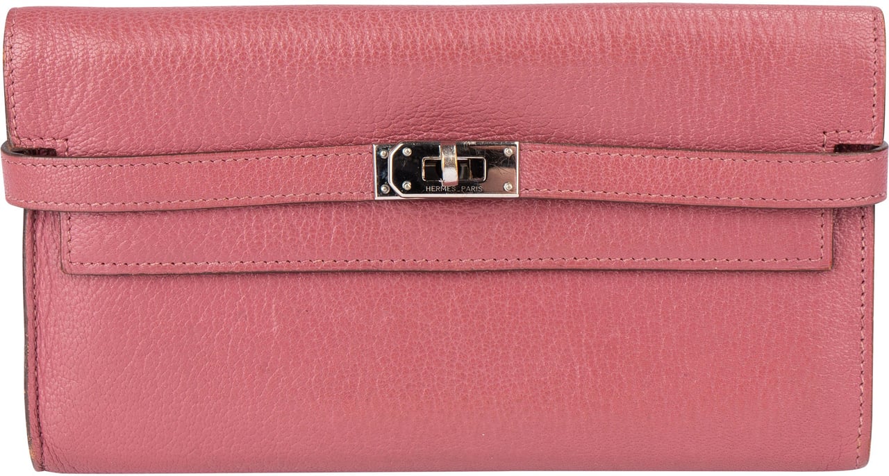 Hermès Hermès Pink Leather Palladium Leather Kelly Wallet Rood
