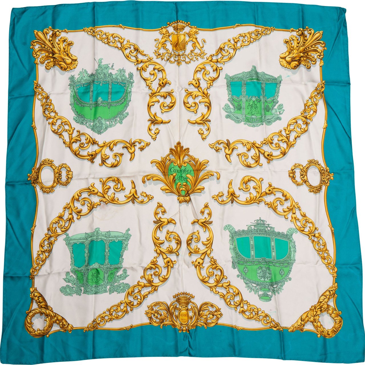 Hermès Hermès Classic "Carrosses Dor" Silk Carre 90 Scarf Tuch Blauw