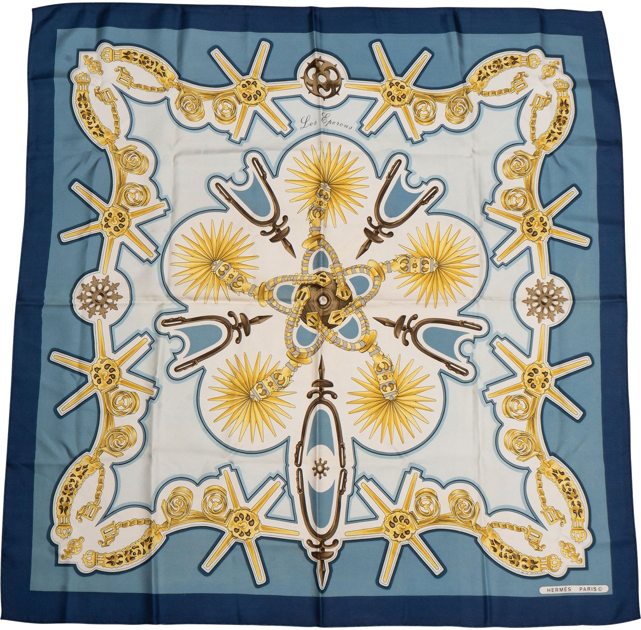 Hermès Classic "Les Éperons" Silk Carre 90 Scarf Tuch Blauw