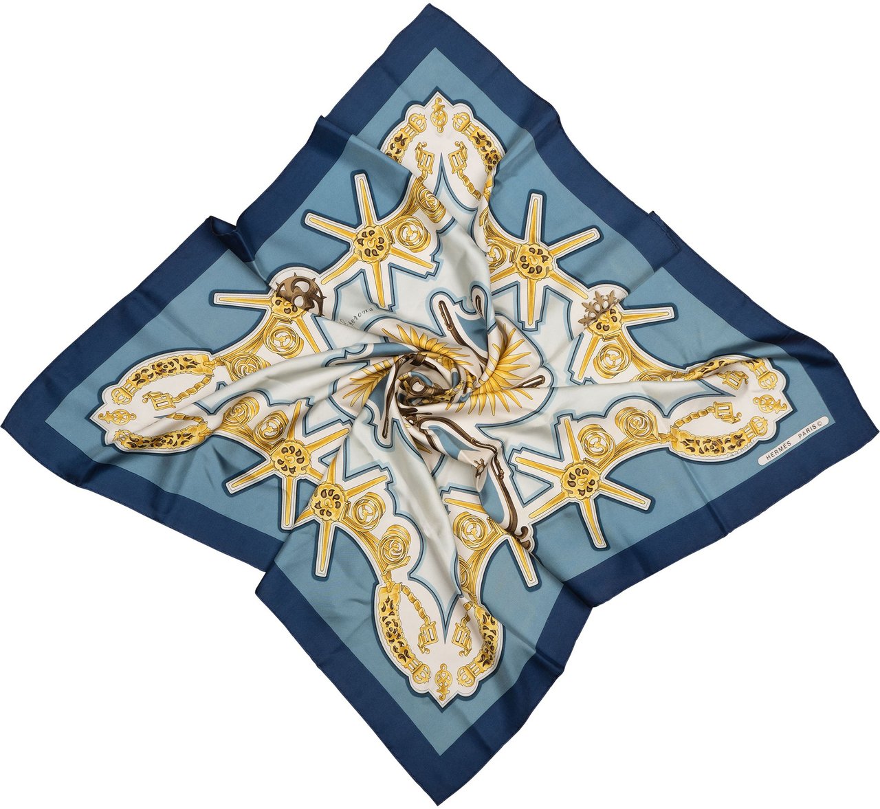 Hermès Classic "Les Éperons" Silk Carre 90 Scarf Tuch Blauw