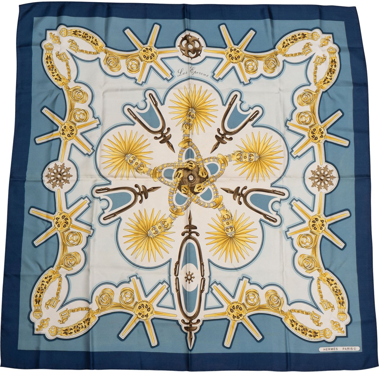 Hermès Hermès Classic "Les Éperons" Silk Carre 90 Scarf Tuch Blauw