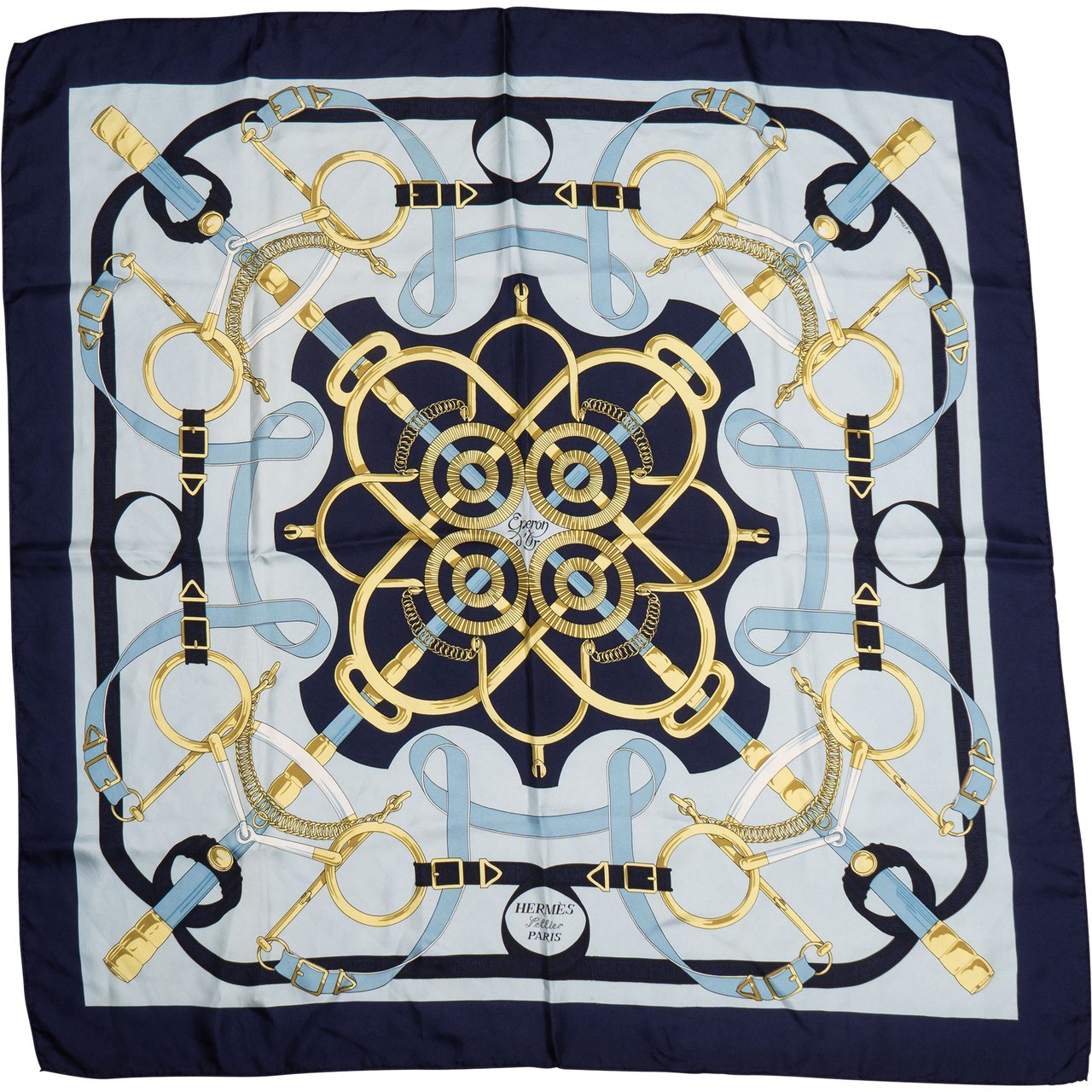 Hermès Hermès Classic "Eperon d`Or" Silk Carre 90 Scarf Tuch Blauw