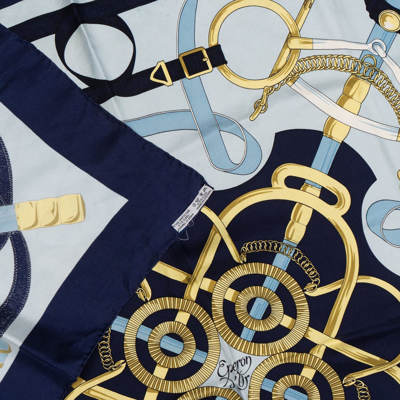 Hermès Hermès Classic "Eperon d`Or" Silk Carre 90 Scarf Tuch Blauw