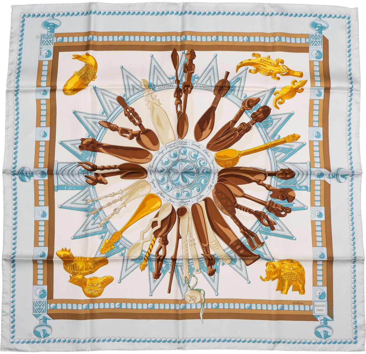 Hermès Hermès Classic "Cuillers D`afrieque" Silk Carre 90 Scarf Tuch Blauw
