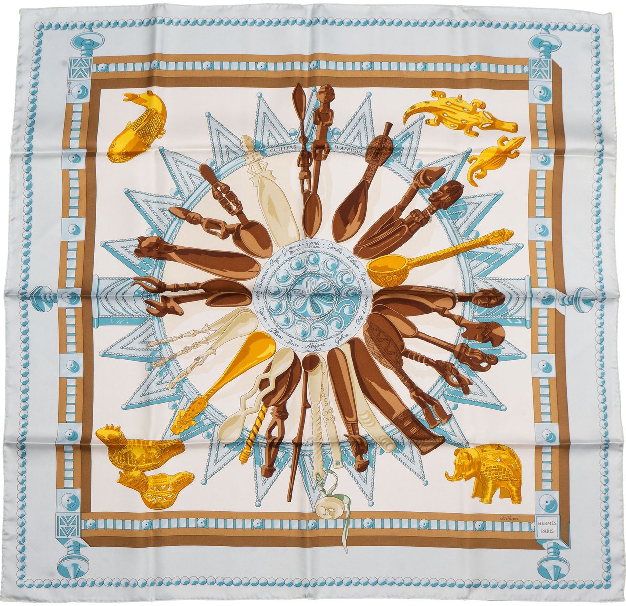 Hermès Classic "Cuillers D`afrieque" Silk Carre 90 Scarf Tuch Blauw
