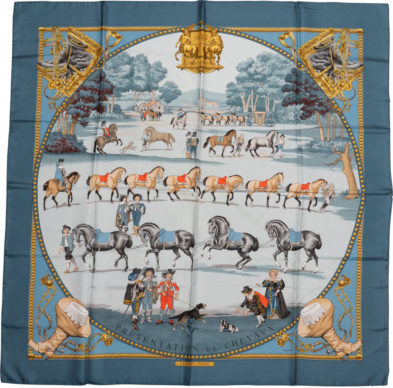 Hermès Hermès Classic "Presentation De Chevavx" Silk Carre 90 Scarf Tuch Blauw