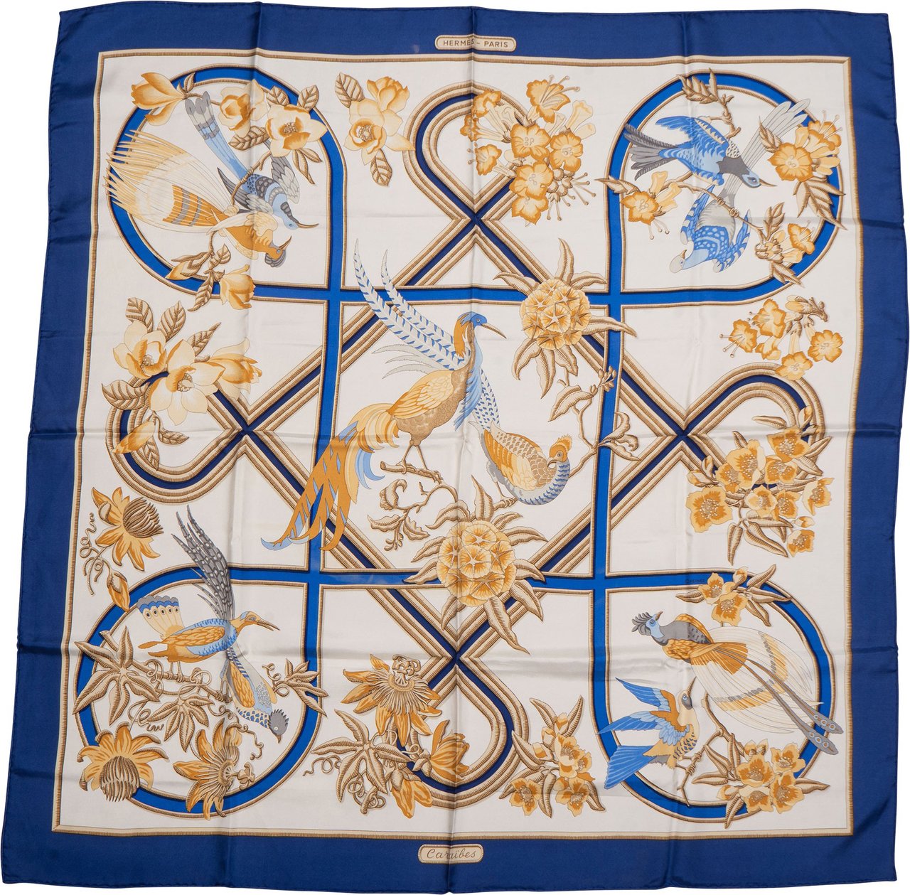 Hermès Hermès Classic "Caraibes" Silk Carre 90 Scarf Tuch Blauw