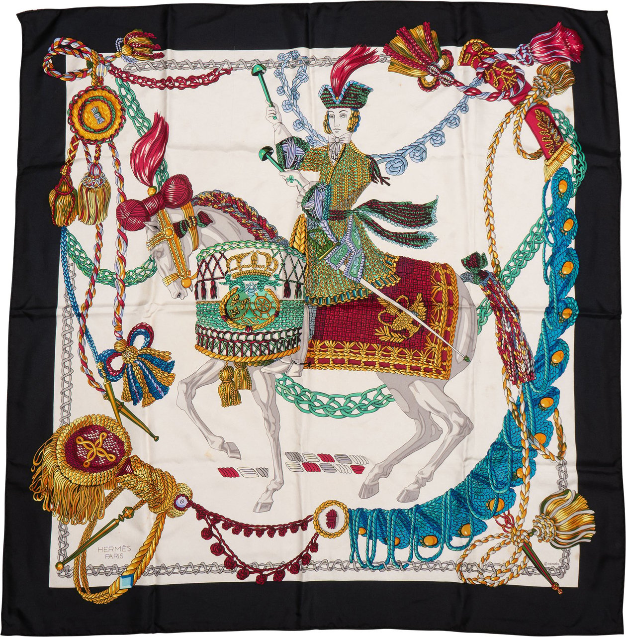 Hermès Classic "Le Timbalier" Silk Carre 90 Scarf Tuch Zwart
