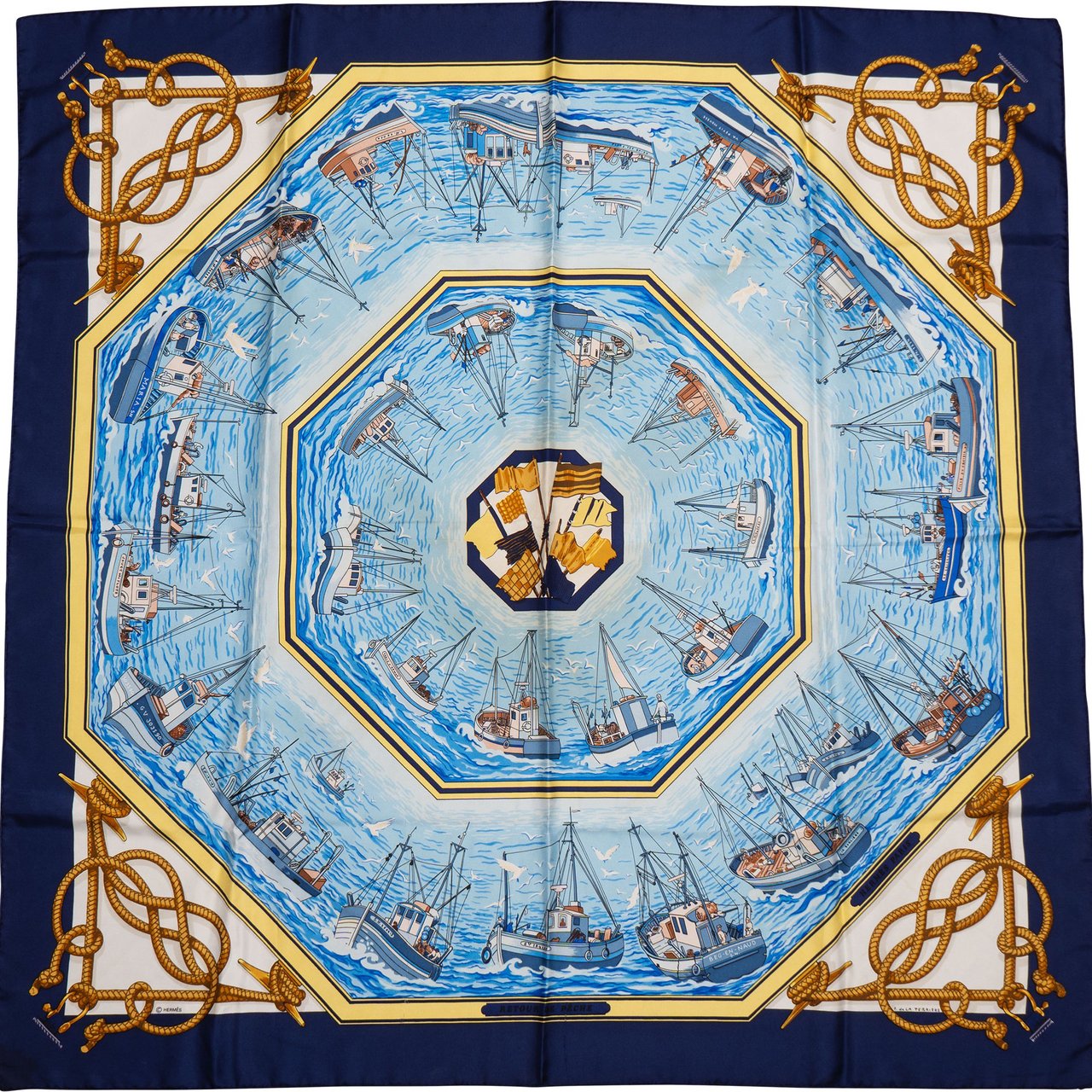 Hermès Hermès Classic "Retour de Péche" Silk Carre 90 Scarf Tuch Blauw
