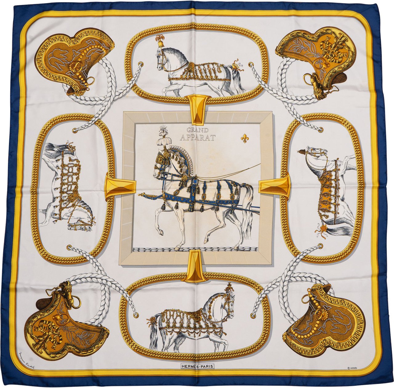 Hermès Hermès Classic "Grand Appart" Silk Carre 90 Scarf Tuch Blauw