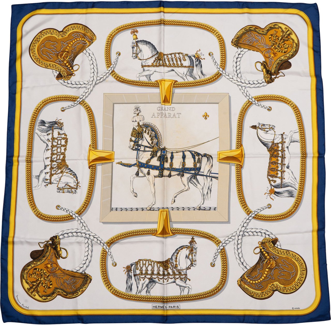 Hermès Hermès Classic "Grand Appart" Silk Carre 90 Scarf Tuch Blauw