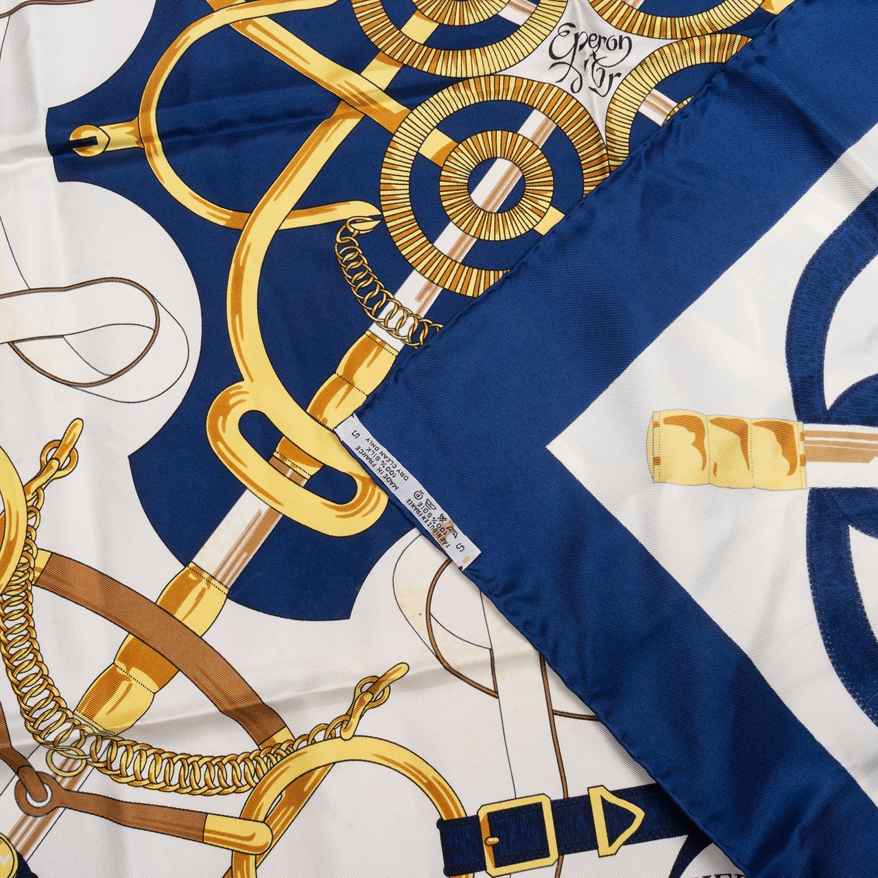 Hermès Hermès Classic "Eperon d`Or" Silk Carre 90 Scarf Tuch Blauw