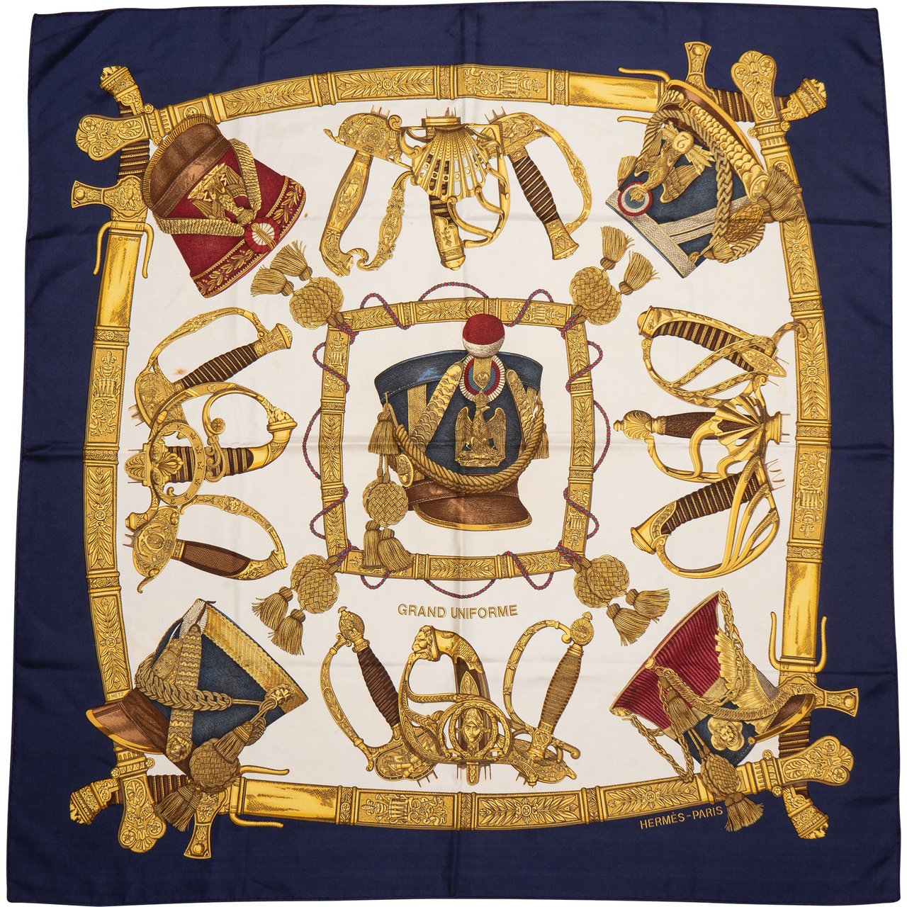 Hermès Hermès Classic "Grand Uniforme" Silk Carre 90 Scarf Tuch Blauw