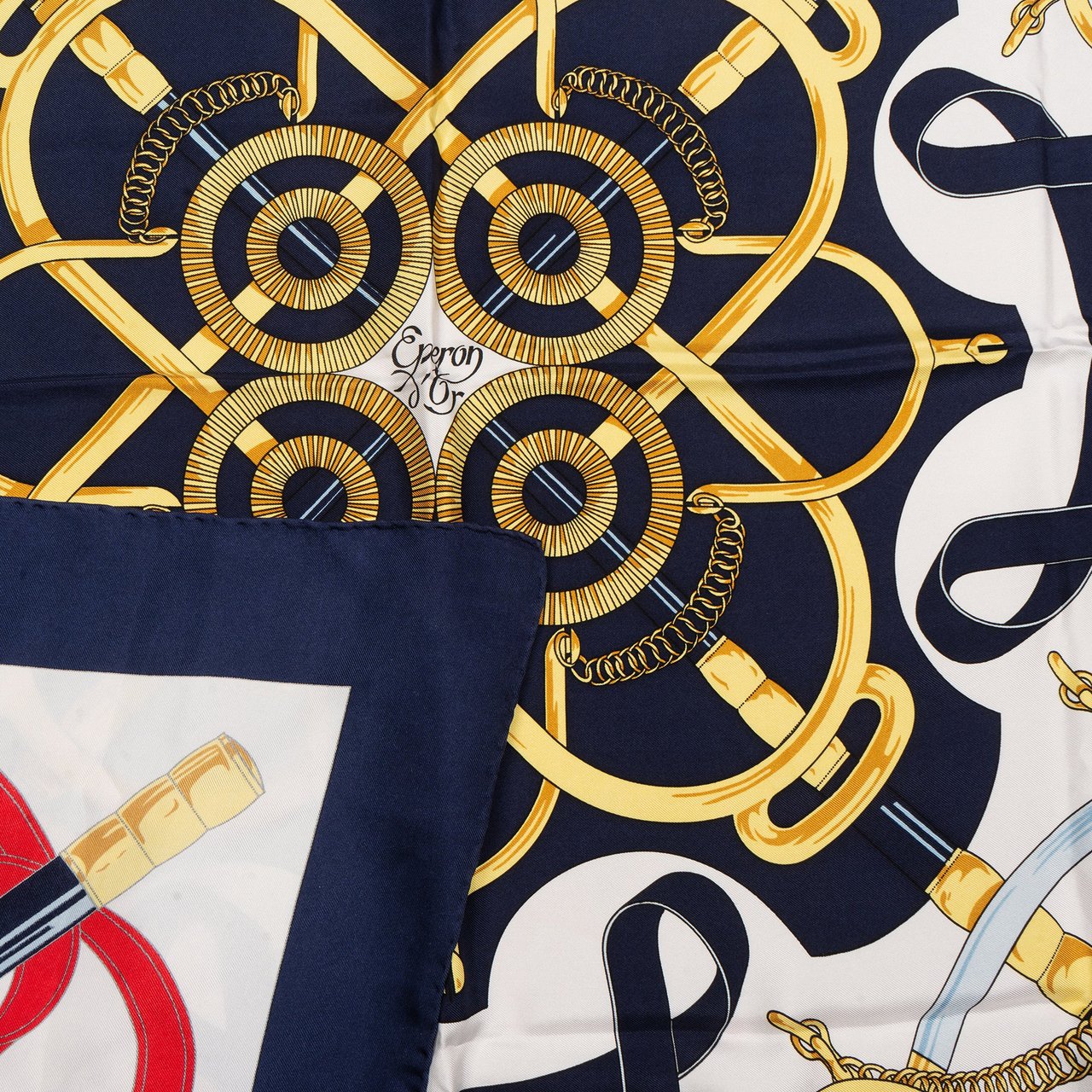 Hermès Hermès Classic "Eperon d`Or" Silk Carre 90 Scarf Tuch Blauw