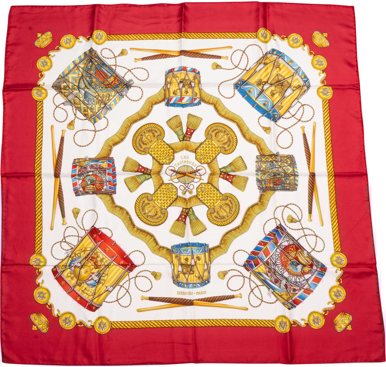 Hermès Hermès Classic "Le Tambours" Silk Carre 90 Scarf Tuch Rood