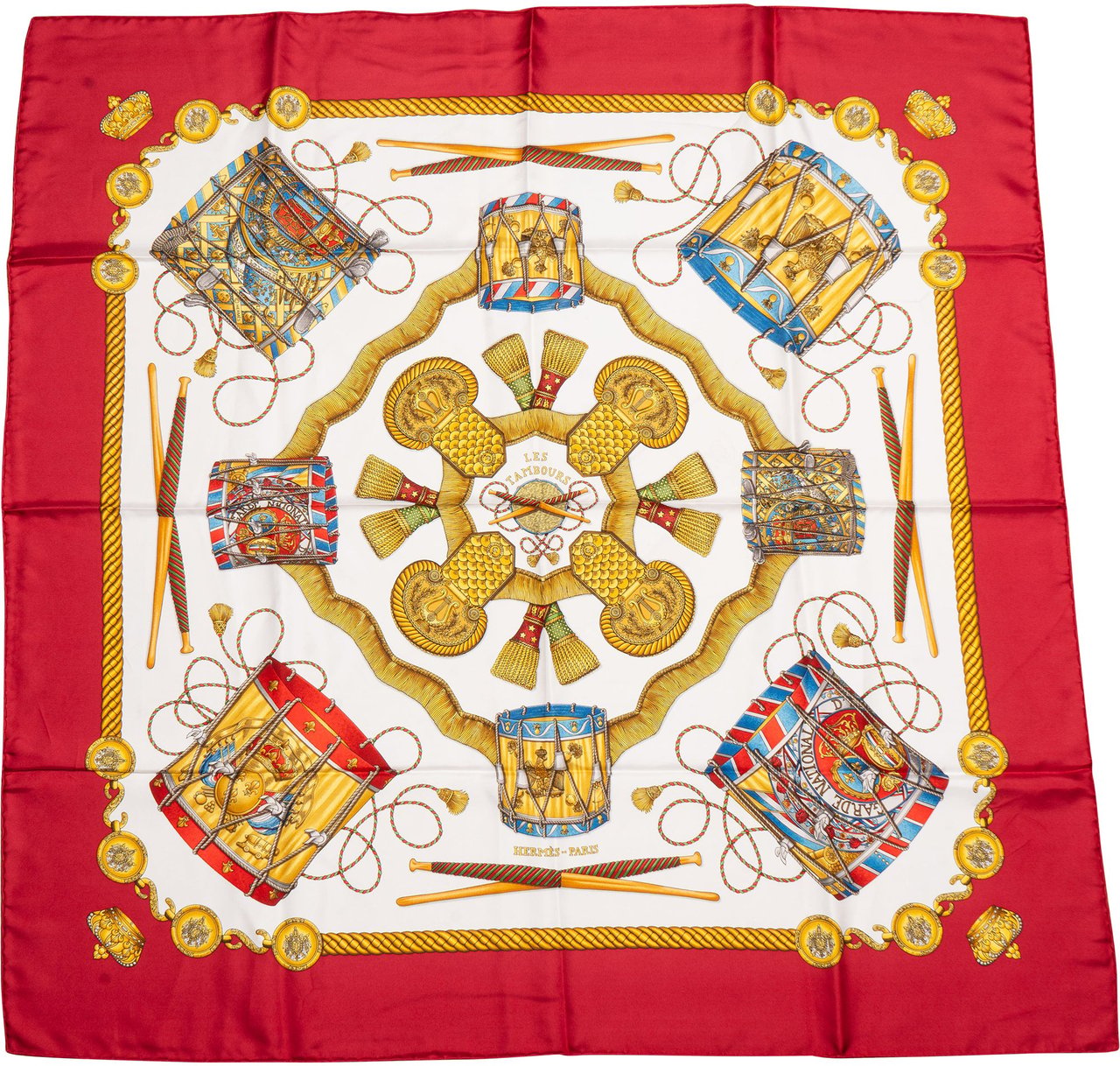 Hermès Classic "Le Tambours" Silk Carre 90 Scarf Tuch Rood