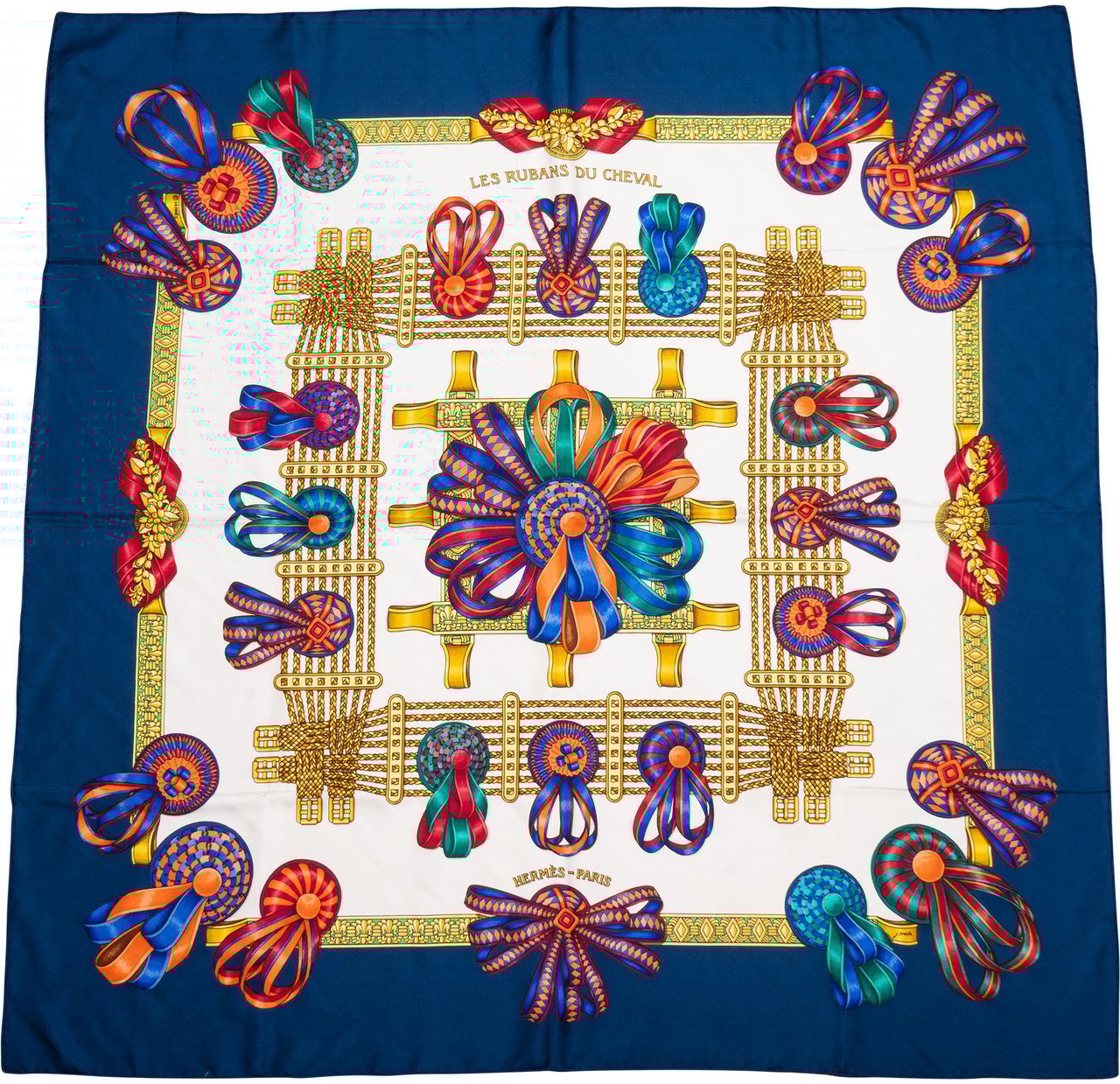 Hermès Hermès Classic "Les Rubans Du Cheval" Silk Carre 90 Scarf Tuch Blauw