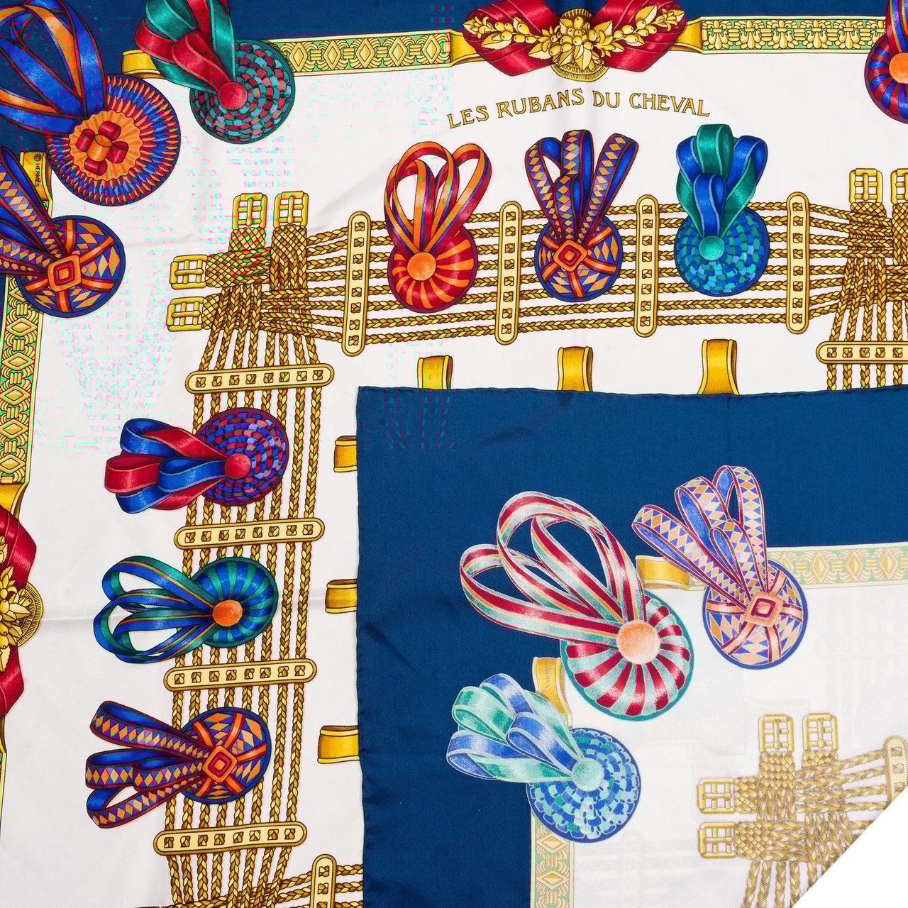 Hermès Hermès Classic "Les Rubans Du Cheval" Silk Carre 90 Scarf Tuch Blauw