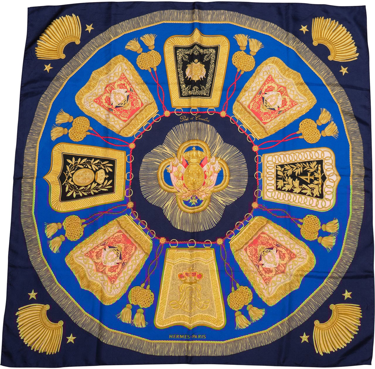 Hermès Hermès Classic "Poste et Cavalerie" Silk Carre 90 Scarf Tuch Blauw