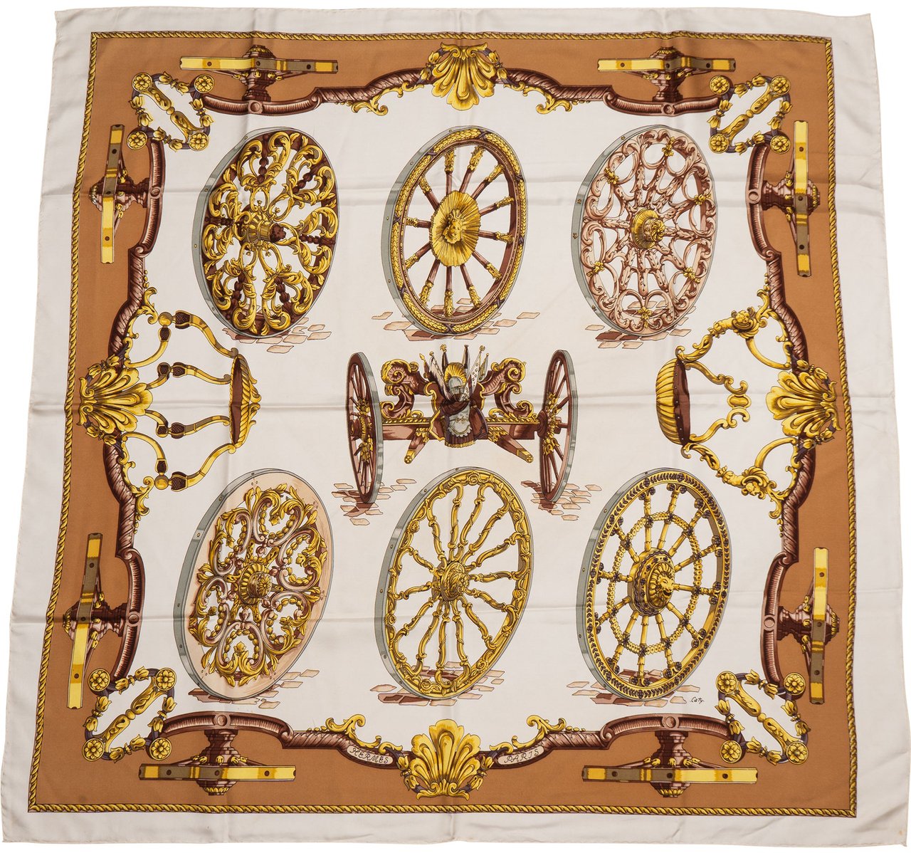 Hermès Hermès Classic "Roues de Canon" Silk Carre 90 Scarf Tuch Bruin