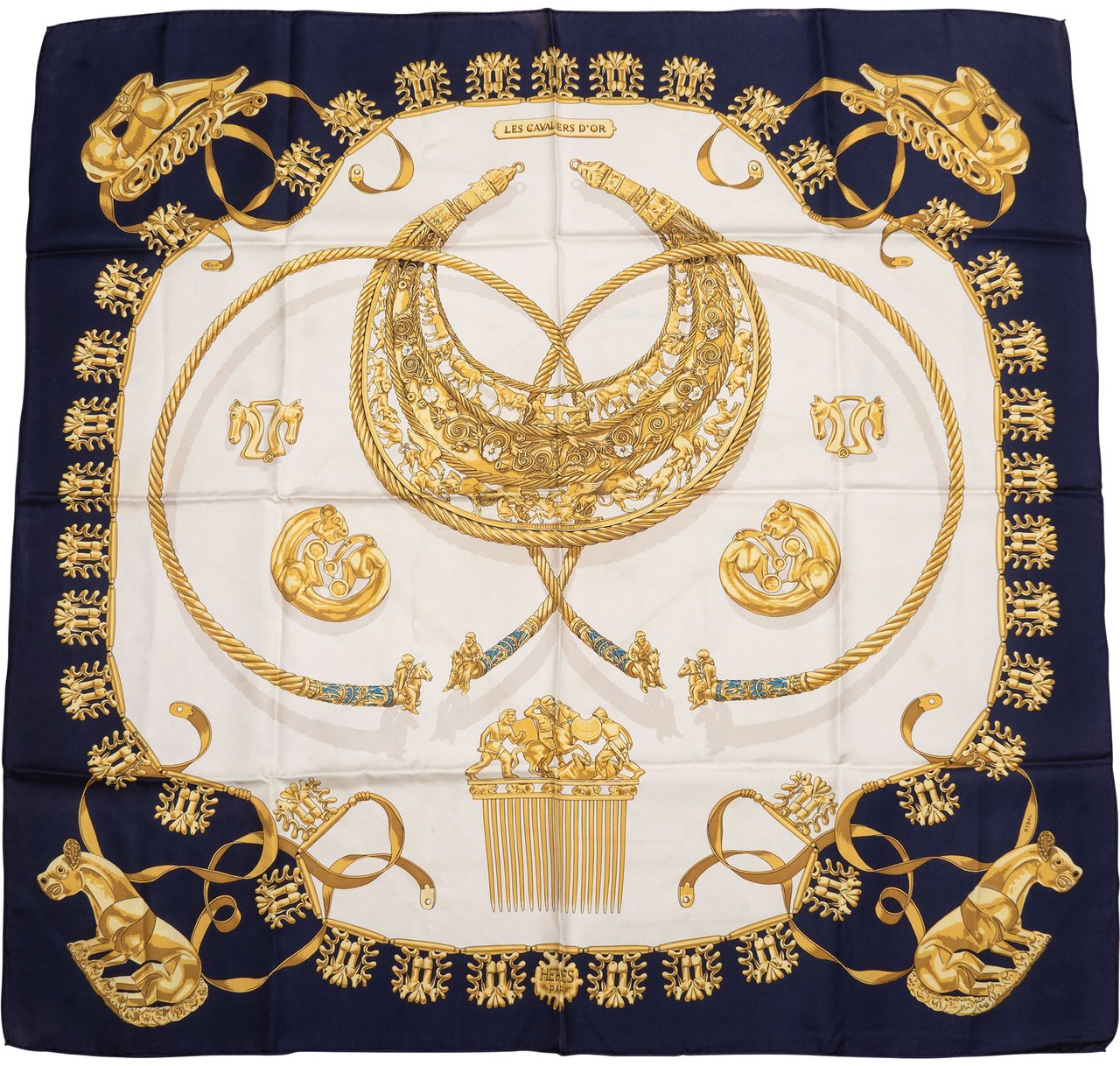 Hermès Hermès Classic "LES CAVALIERS D´OR" Silk Carre 90 Scarf Tuch Blauw