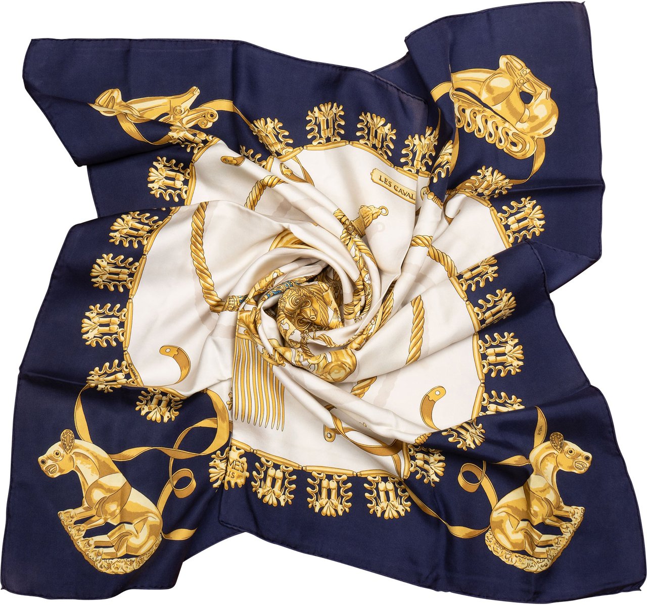 Hermès Hermès Classic "LES CAVALIERS D´OR" Silk Carre 90 Scarf Tuch Blauw