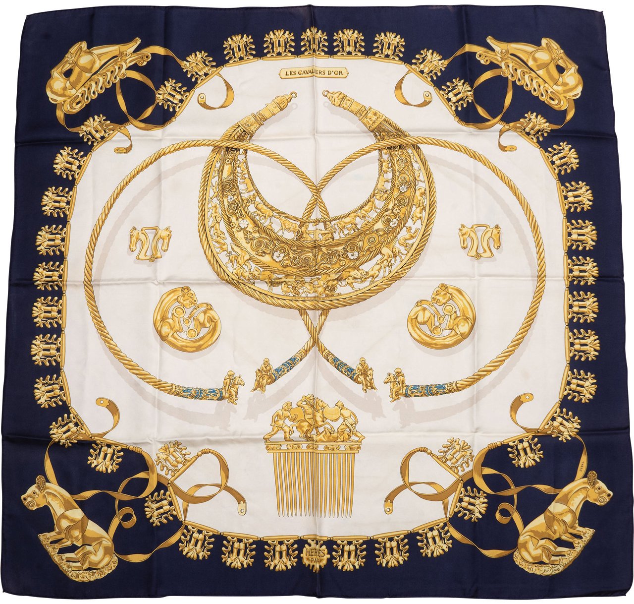 Hermès Hermès Classic "LES CAVALIERS D´OR" Silk Carre 90 Scarf Tuch Blauw