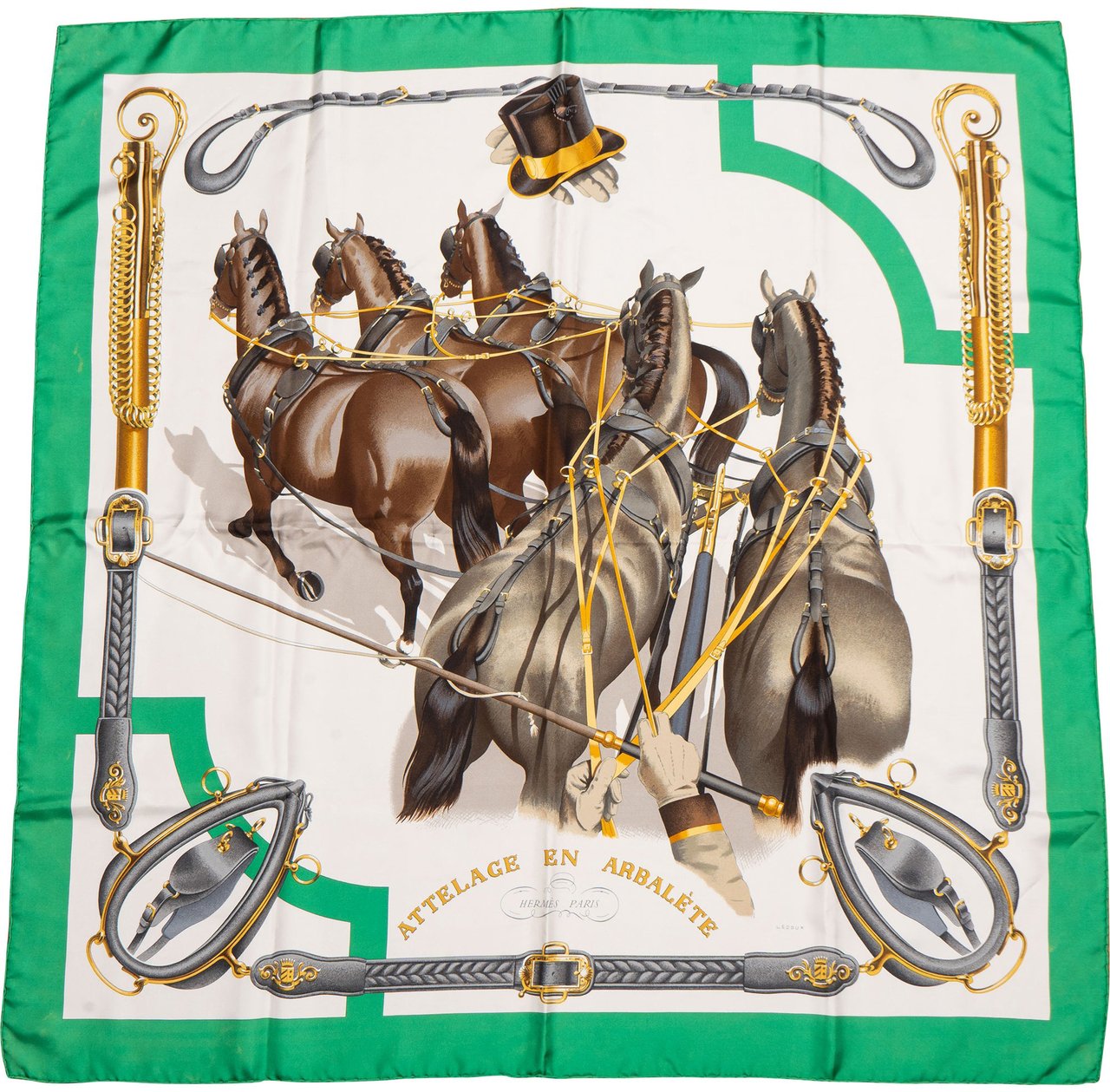 Hermès Classic "ATTELAGE EN ANBALÉTE" Silk Carre 90 Scarf Tuch Groen