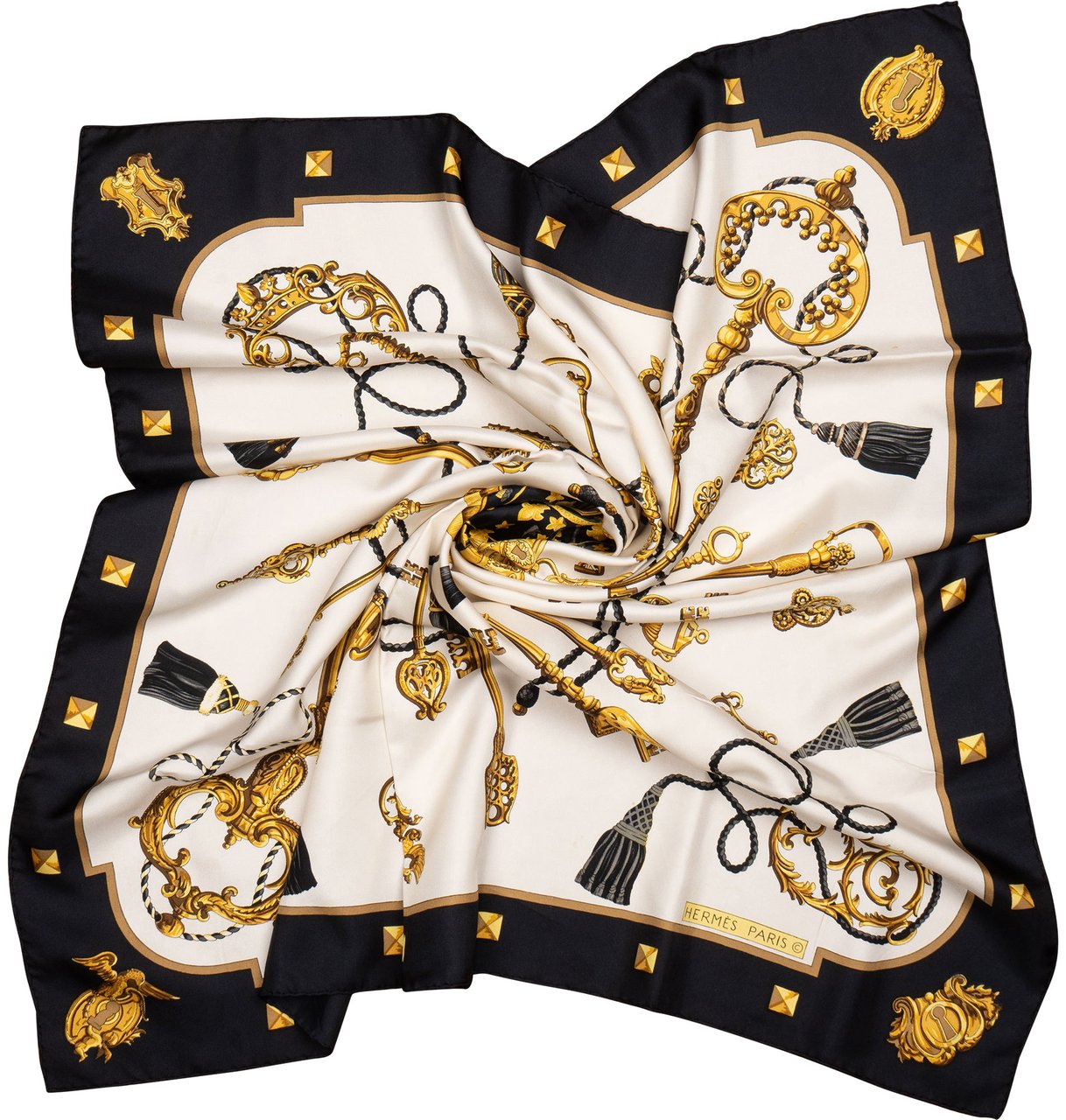 Hermès Classic "Les Clefs" Silk Carre 90 Scarf Tuch Zwart