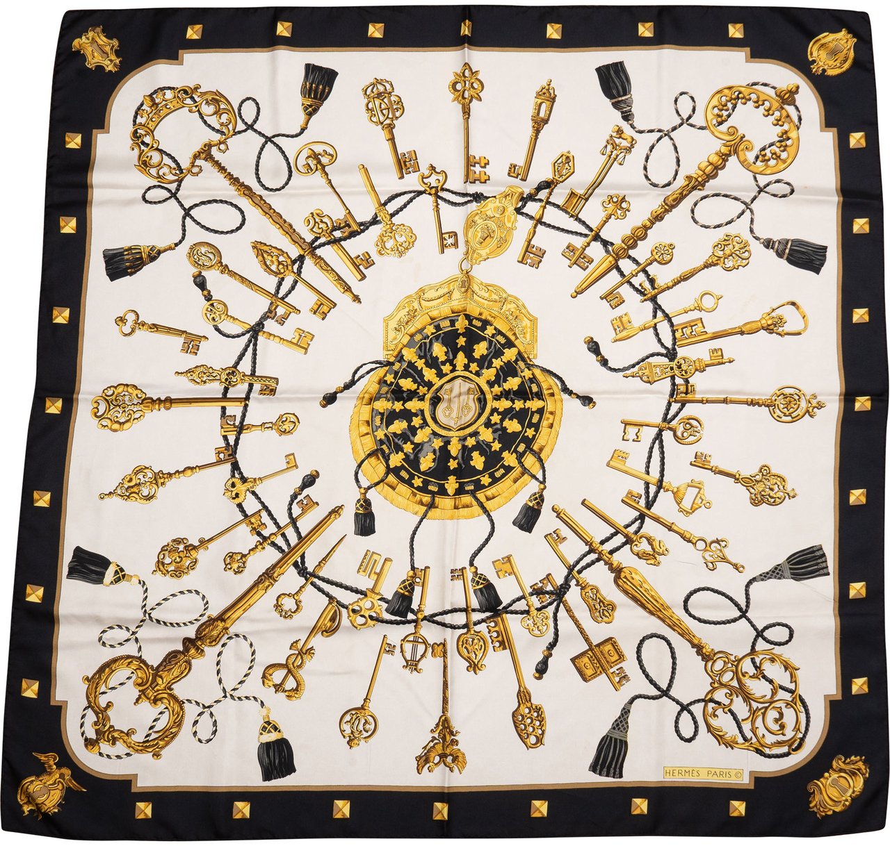 Hermès Classic "Les Clefs" Silk Carre 90 Scarf Tuch Zwart