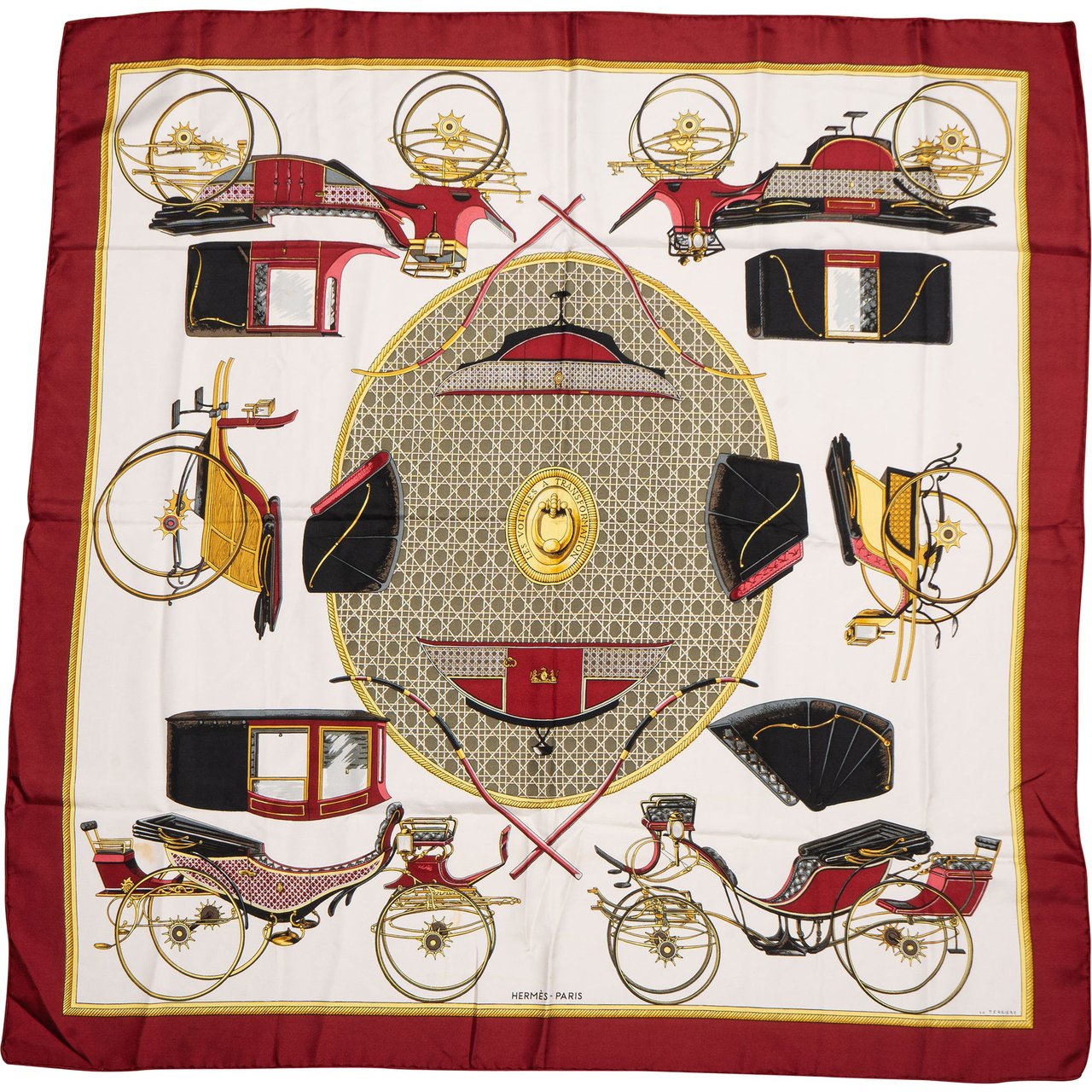 Hermès Hermès Classic "LES VOITURES A TRANSOFRMATION" Silk Carre 90 Scarf Tuch Rood